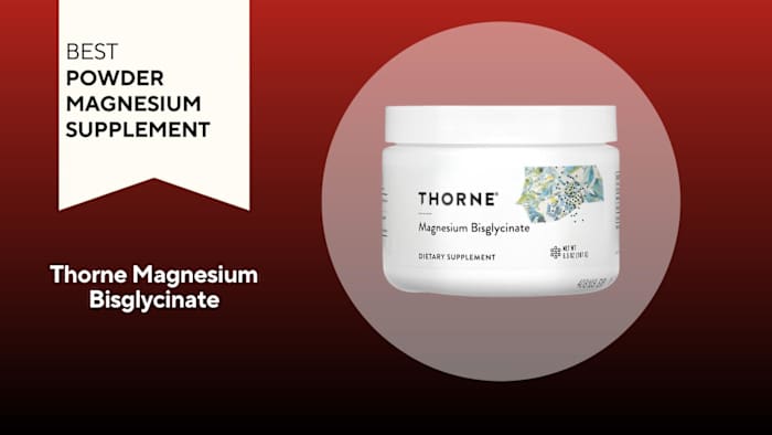 An image of a container of Thorne Magnesium against a red background.